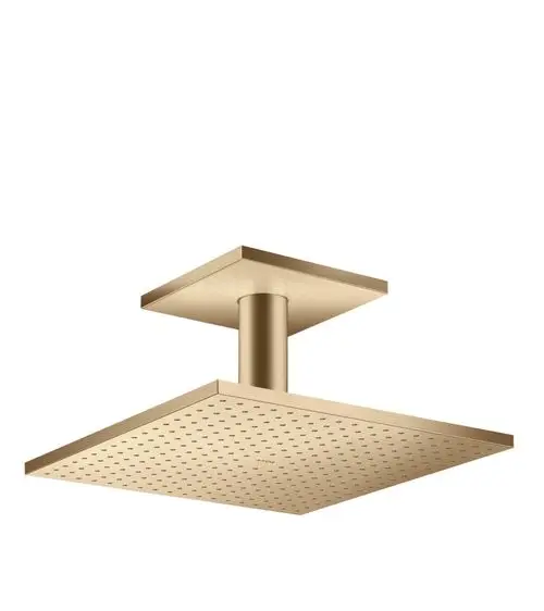 Deckend montierte Kopfbrause aus gebürstetem Bronze mit quadratischem Kopf und gleichmäßig verteilten Düsen. Sichtbares Logo von AXOR.